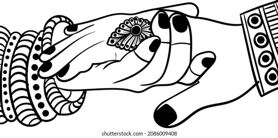 Indian wedding symbol hand of groom and bride, hastmilap function black and white line drawing clip art illustraiton. Indian wedding clip art of hastmilap program. 