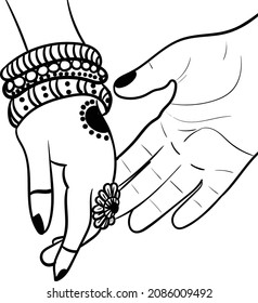 Indian wedding symbol hand of groom and bride, hastmilap function black and white line drawing clip art illustraiton. Indian wedding clip art of hastmilap program. 