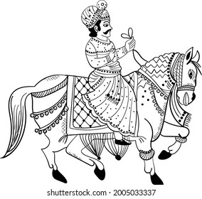 Indian wedding symbol man on horse doing horse riding with decorative Indian style horse vector line art black and white clip art illustration. 