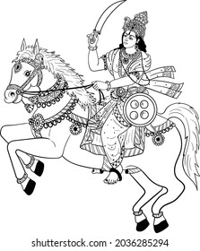 Indian wedding symbol man on horse doing horse riding with decorative Indian style horse vector line art black and white clip art illustration. 