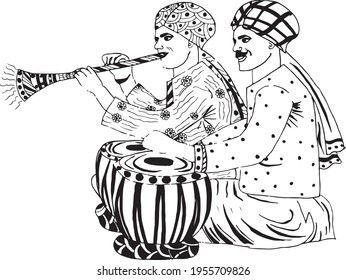 Indian wedding symbol music instrument player with tabla and shehnai. Indian shehnai and tabla clip art black and white line drawing. Wedding card icons for traditional wedding card