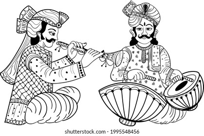Indian wedding symbol music instrument player with tabla and shehnai. Indian shehnai and tabla clip art black and white line drawing. Wedding card icons for traditional wedding card