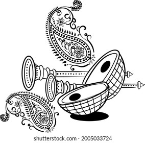 Indian wedding symbol nagada with Indian pattern design illustration black and white clip art. Indian wedding clip art music instrument line drawing nagada and shahnai svg