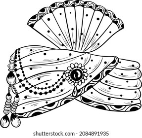 Indian wedding symbol Safa vector illustration black and white clip art. Indian traditional head cap safa symbol. Indian line art illustration chunri safa with creative floral and henna pattern design