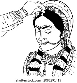 INDIAN WEDDING SYMBOL TILAK OF WOMEN BY MEN SINDUR LINE ART DRAWING ILLUSTRATION BLACK AND WHITE CLIP ART INDIAN GIRL WEDDING FUNCTION