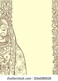 Indian wedding template in mehndi design style with bride in traditional dress, vector