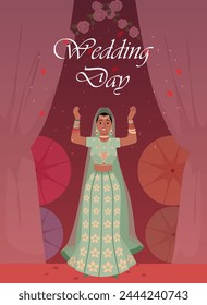 Indian wedding theme. The flyer depicts a girl in a traditional outfit among the Garden Day decorations. Vector illustration perfect for invitations and cards.
