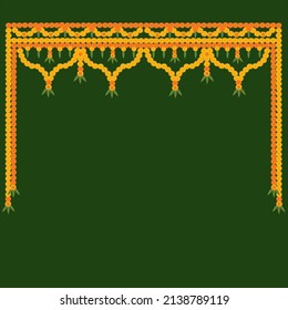 Indian wedding  toran with yellow and red marigold flowers with green mango leaves on deep green background