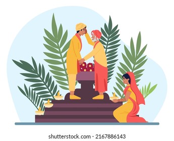 Indian wedding traditional ceremony. Indian bride and groom in ethnic dress Lengha and Sherwani for performing marriage rituals. Flat vector illustration