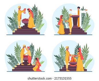 Ceremonia tradicional de boda india. Novia y novio indio con vestimenta étnica Lengha y Sherwani por realizar rituales de matrimonio. Ilustración vectorial plana