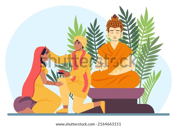 Indian wedding traditions.\
Indian bride and groom in ethnic dress Lengha and Sherwani for\
wedding day. Marriage ritual. Tilaka ceremony. Flat vector\
illustration