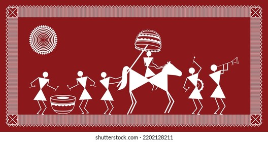 Indian wedding in warli art, Warli painting showing traditional wedding moments with musical band.