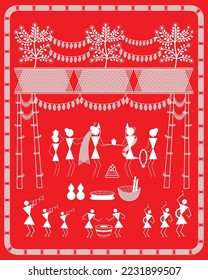 Indian wedding warli art, vector, illustration, wall painting.