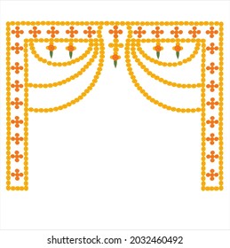 Indian welcome Toran decoration for wedding with orange and red marigold flowers and leaves on off white background.