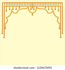 Indian welcome Toran in yellow and red marigold flowers and green mango leaves arranges in loops horizontally on off white color background