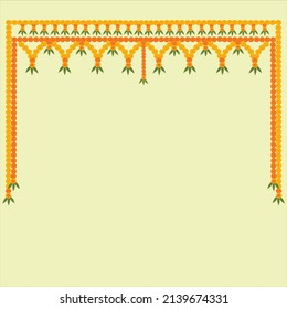 Indian welcome Toran in yellow and red marigold flowers and green mango leaves in triangle and square form arranged horizontally on light lemon yellow color background