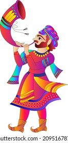 Indian wedding trumpet player were drawn in Indian folk art, Kalamkari style. for textile printing, logo, wallpaper
