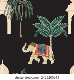 Indian white elephant in the night city seamless pattern. Oriental wallpaper.