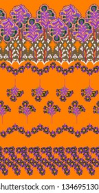 Indian wide ornamental border. Seamless ethnic art pattern, print with floral ornaments. For interior, card, cover, cloth, textile, fabric, batik, silk