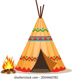 Indian wigwam with a bonfire close-up on a white background.
