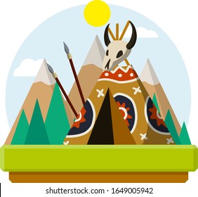 Indian wigwam. Home of native American. Tent made of skins. Forest landscape with mountains. Brown tepee. Tribal hut. Spear and skull of animal. Cartoon flat illustration