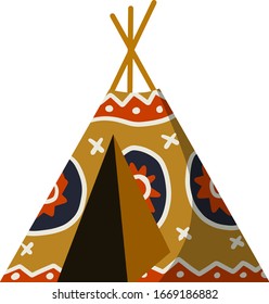 Indian wigwam. Home of native American. Tent made of skins. Brown tepee. Tribal hut. Cartoon flat illustration