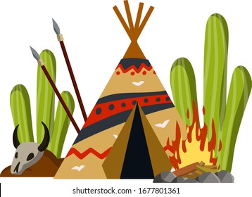 Indian wigwam. Home of native American. Tent made of skins. Brown tepee. Tribal hut. Spear and skull of animal. Cartoon flat illustration.