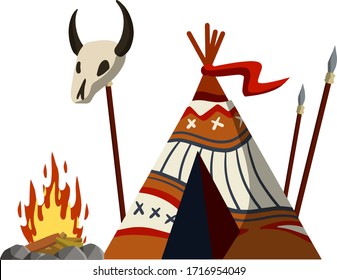 Indian wigwam. Home of native American. Tent made of skins. Brown tepee. Tribal hut. Spear and skull of animal. Cartoon flat illustration.