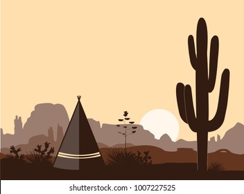 Indian wigwam silhouette with saguaro cacti, son , and mountains. American landscape with tribal tents