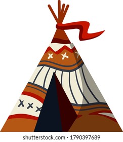 Indian wigwam. Tent made of skins. Brown tepee. Tribal hut. Cartoon flat illustration. Home of native American