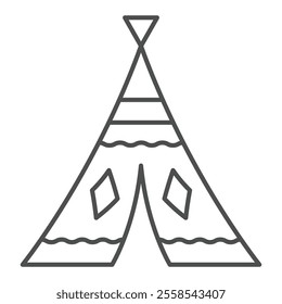 Indian wigwam thin line icon, west desert concept. Vector graphics. Cone house with sign on white background, outline style icon for mobile or web design