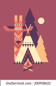 Indian wigwam, totem and fir trees. Simple vector geometry graphic.