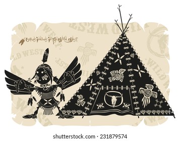 Indian and wigwam, vector