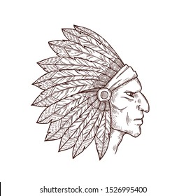 Indian from Wild West, native American people. Vector chief of tribe in traditional headdress, mascot of ancient indian people. Indigenous person, sketch