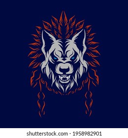 Indian Wolf beast unique line pop art potrait logo colorful design with dark background. Abstract vector illustration. Isolated black background for t-shirt, poster, clothing, merch. 