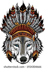 Indian wolf with feathers hat vector illustration