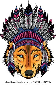 Indian wolf with feathers hat vector illustration