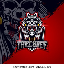 indian wolf Skull E-Sport Game logo design template