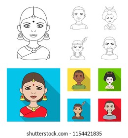 Indian woman, african, japanese, indian. Human race set collection icons in outline,flat style vector symbol stock illustration web.