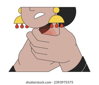 Indian woman arms around sore throat 2D linear cartoon hands close-up. Symptom aching glands isolated line vector arms closeup white background. Tenderness neck color flat spot illustration