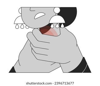 Indian woman arms around sore throat black and white 2D line cartoon hands closeup. Symptom aching glands isolated vector outline arms close up. Tenderness neck monochromatic flat spot illustration