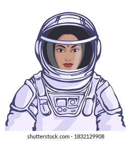 Indian woman astronaut in the spacesuit. Flat realistic portrait on the white background. 