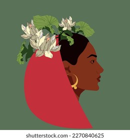 Indian woman. Beautiful bright Indian woman in national dress with lotus flowers in her hair. Side portrait, avatar. Modern illustration.	