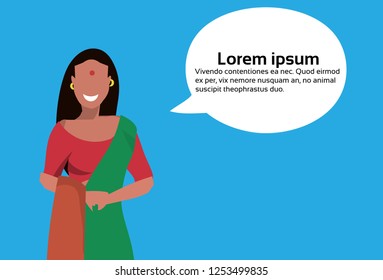 indian woman bindi standing chat bubble national traditional clothes female cartoon character portrait horizontal portrait flat