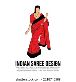 Indian woman in black and red saree, vector drawing of a lady, A beautiful tall female walking on ramp