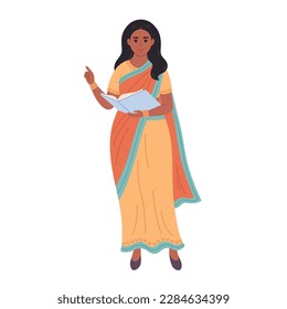 Indian woman with book. Reading, literature, teaching. School teacher, librarian, business woman. Vector illustration in flat style