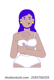 Indian woman in brassier examining breast 2D cartoon character. Mastopathy early detection. South asian female touching chest isolated person flat vector on white. Spot illustration colorful