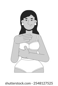 Indian woman in brassier examining breast black and white 2D line character. Mastopathy early detection. South asian female touching chest isolated vector outline person. Monochrome spot illustration