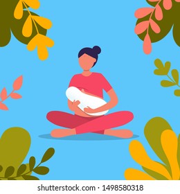 Indian Woman Breastfeeding Her Newborn Baby In Lotus Pose In Park. Lactation. Breast Feeding Week Banner, Happy Mother Day Clip Art. Child Drinks Milk From The Female Breast.  