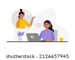 An Indian woman from a call center successful dealing with a customer problem. Online global technical support 24 7. Customer support department staff, telemarketing agents. Vector flat illustration.